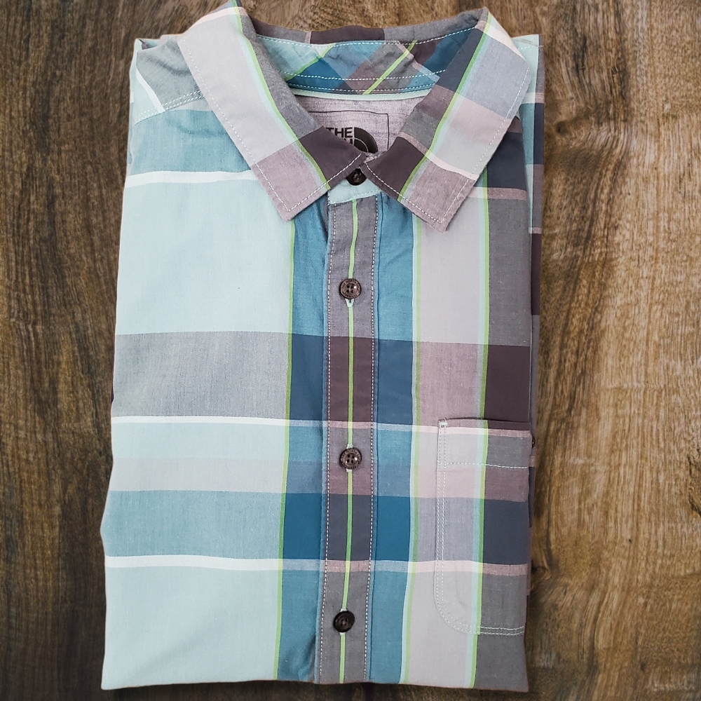 The North Face Men's Button Down Short Sleeve Shirt Green Blue Plaid Medium - Picture 7 of 7